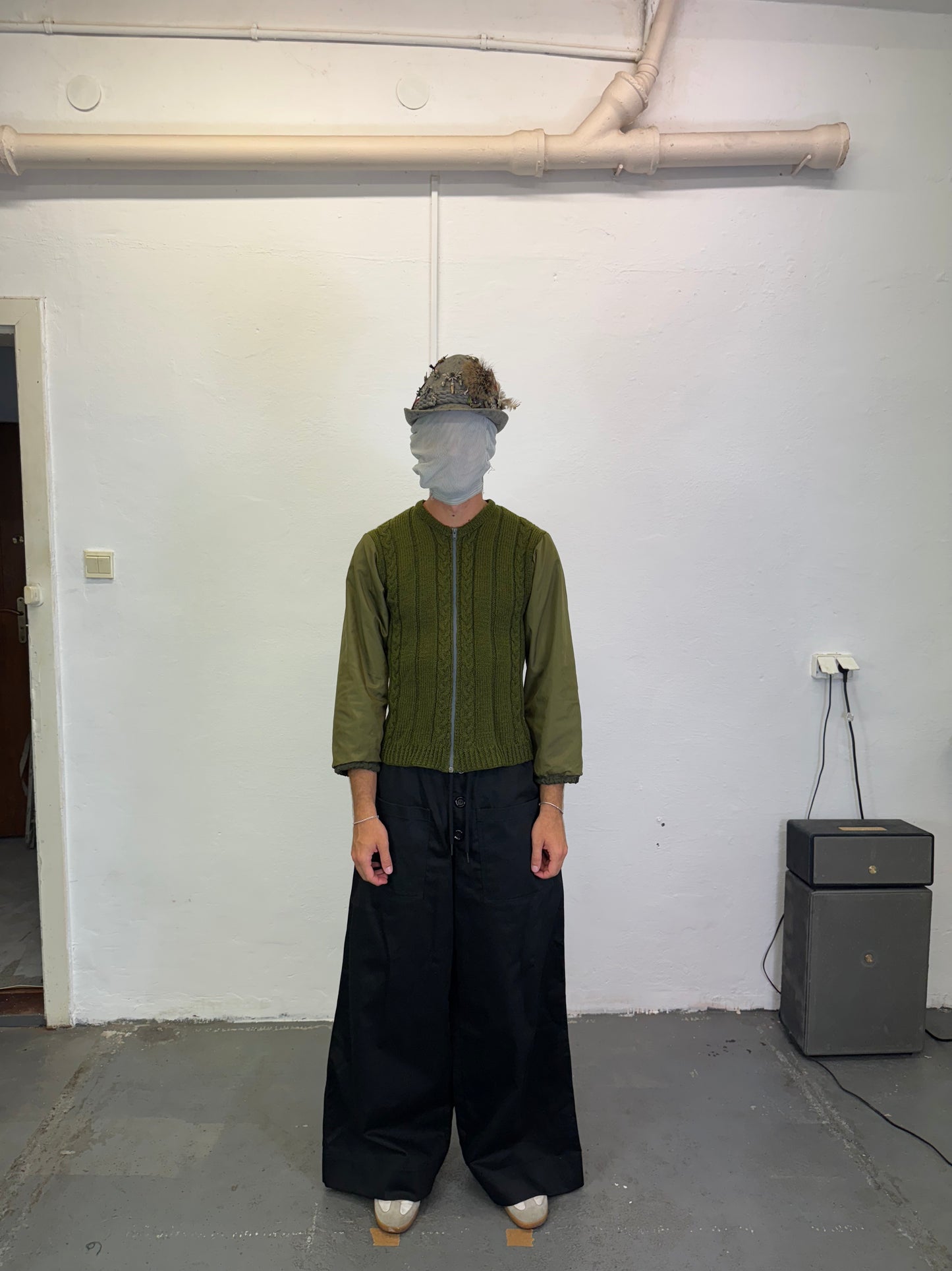 Hand-knit Wool Sweater With Nylon Military Sleeves